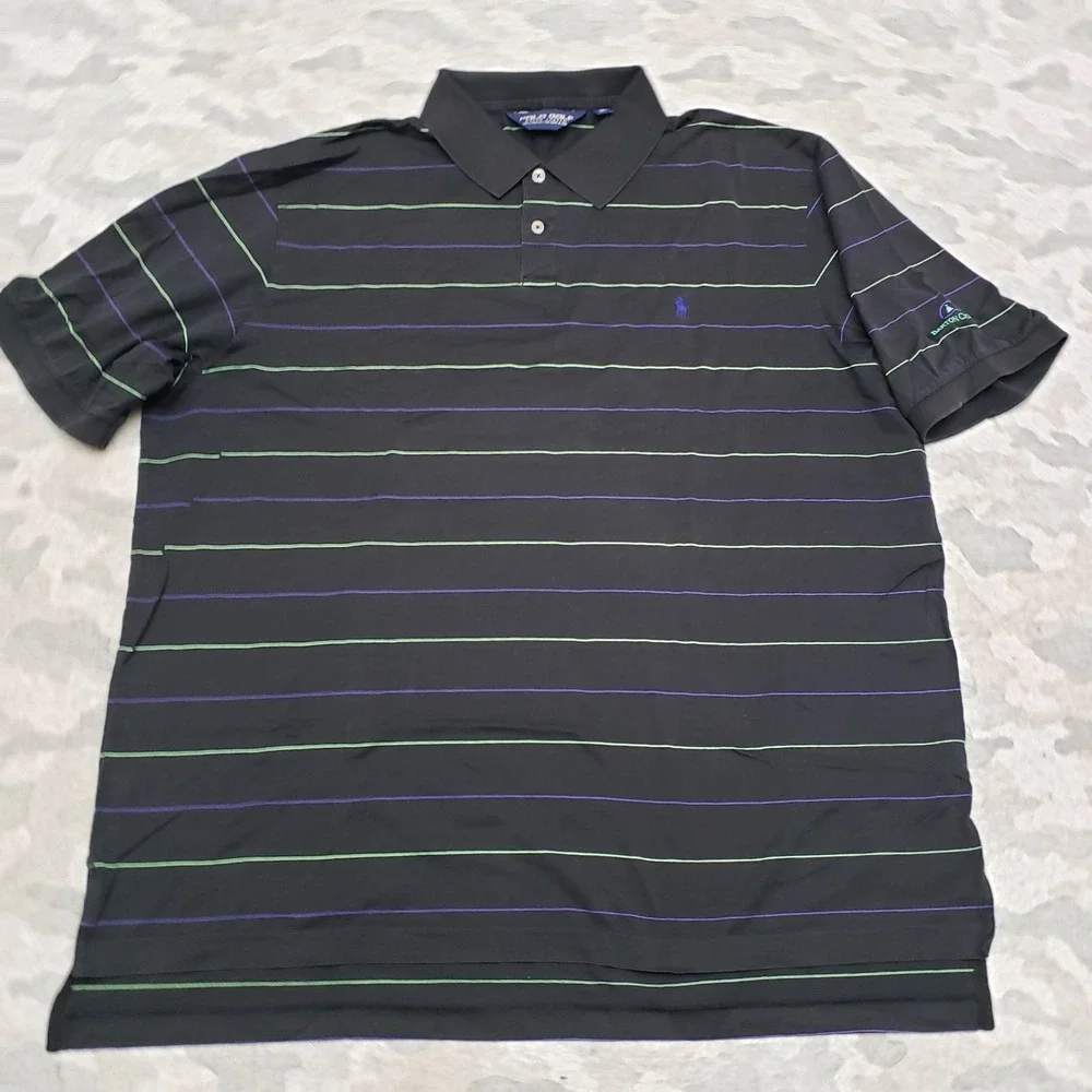 VTG Polo Golf Ralph Lauren Polo Shirt Mens XL Black Short Sleeve Striped Branded